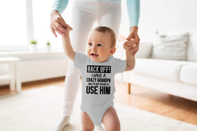 Funnwear Back Off !! I Have a Crazy Grandpa and I'm Not Afraid To Use Him - Funny Baby Essentials Romper (6 Months, Sports Grey) - Image 2